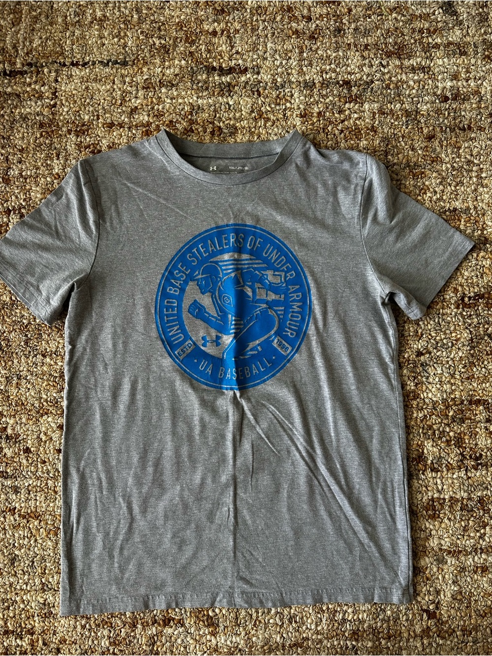 Under Armour Kids Gray Crewneck T-Shirt with Blue Baseball Logo